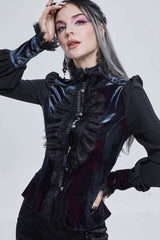 Black Gothic Turtleneck Three-Dimensional Lace Lantern Sleeves Stitched Velvet Lace-Up Long Sleeves Women's Shirt - Product - 4