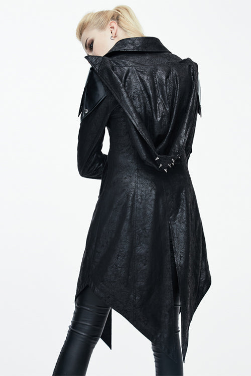 Black Punk Burnt Out Applique Hooded Womens Leather Coat - Product - 3