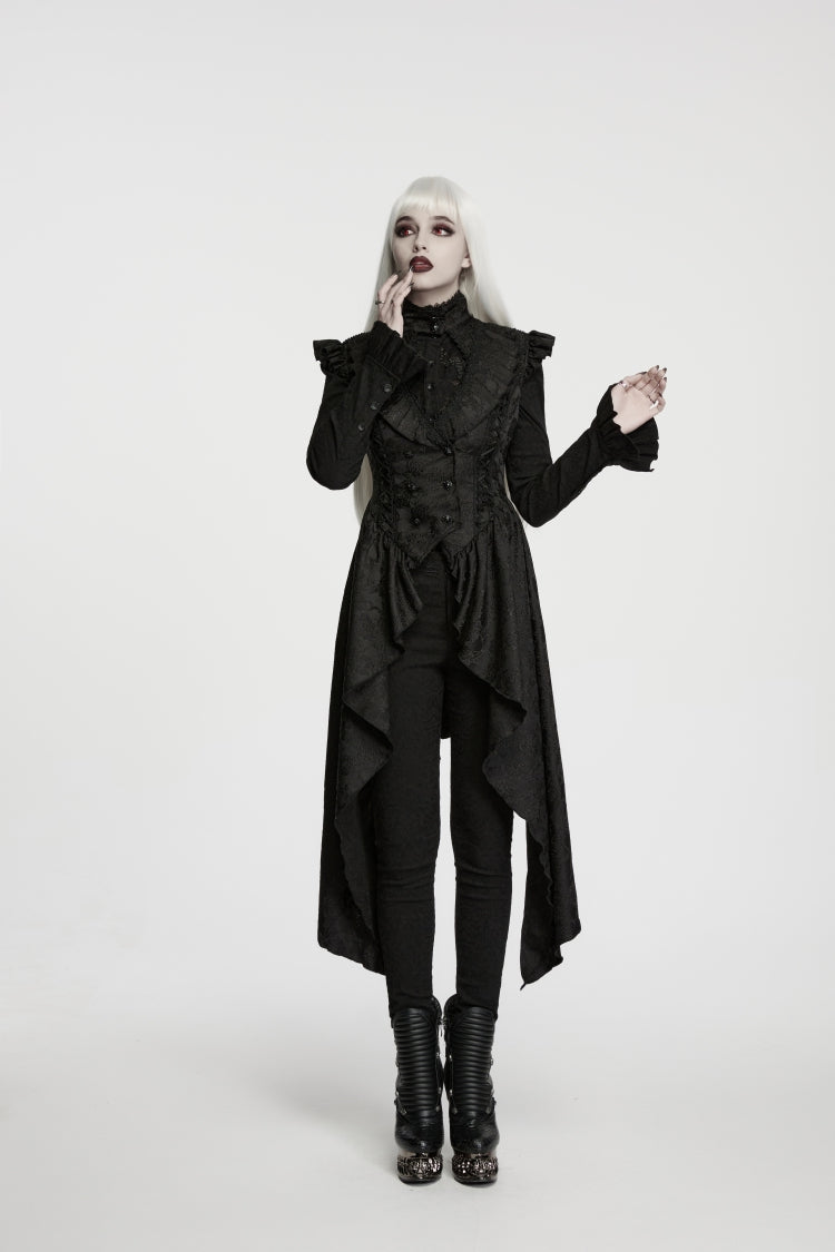 Black Stand Collar Sleeveless Jacquard Cut-Out Lace-Up Asymmetric Women's Gothic Elegant Vest - Product - 6