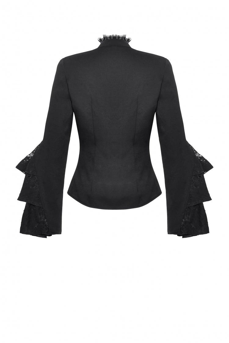 Black Lace Stand Collar Multi-Layered Ruffled Long Flared Sleeves Women's Gothic Blouse - Product - 15