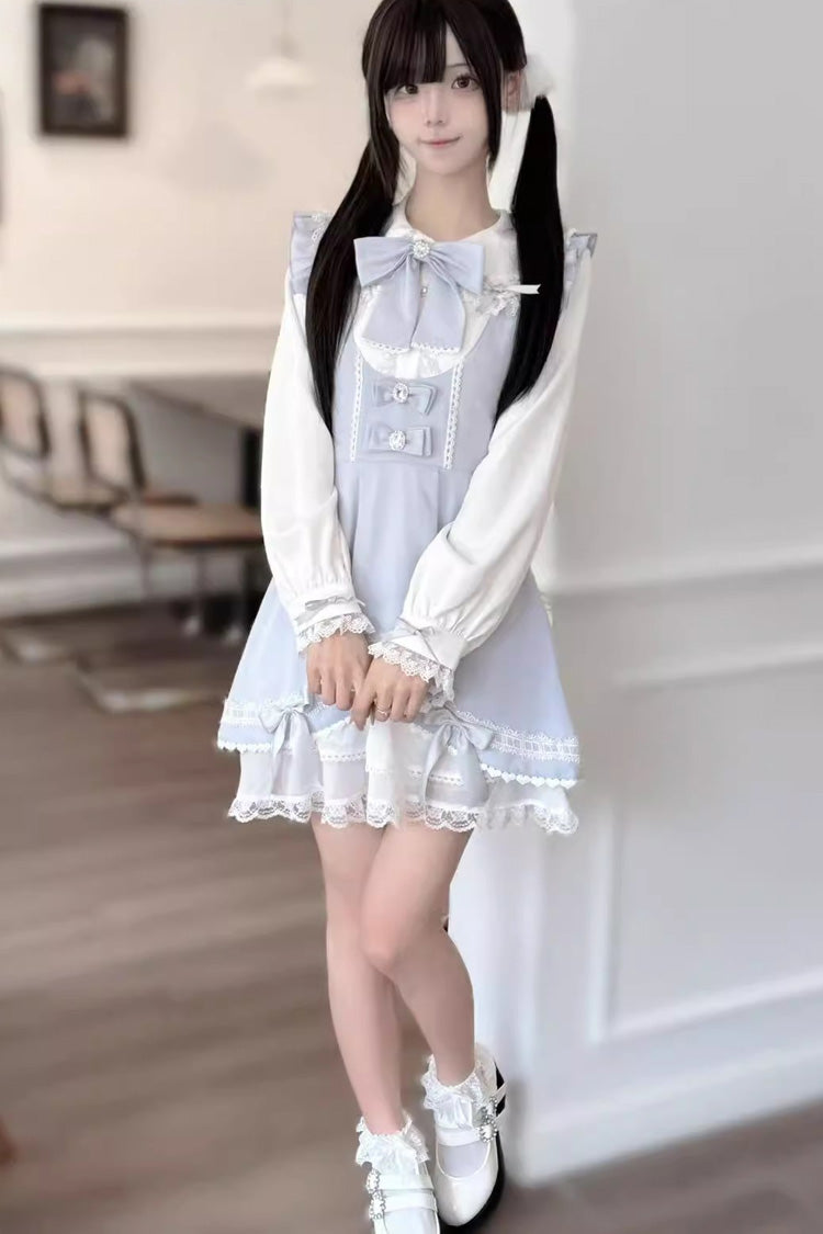 Rabbit Ears Sleeveless Ruffle Bowknot Lace Sweet Jirai Kei Strap Dress 3 Colors - Blue - 7