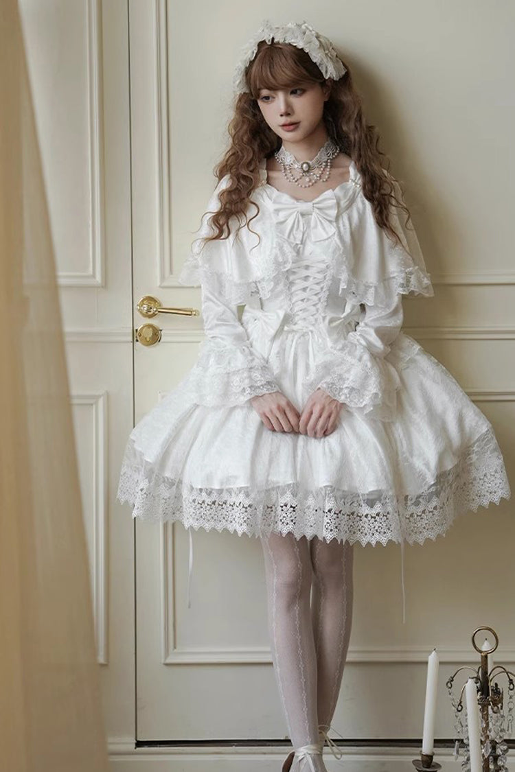 White [Cherish] Long Trumpet Sleeves Ruffle Hanayome Bowknot Lace-Up Sweet Lolita Dress - Product - 7