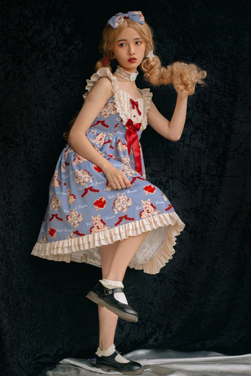 Blue Ruffled Strap Wish Cat Sweet Lolita JSK Dress - Product - 2