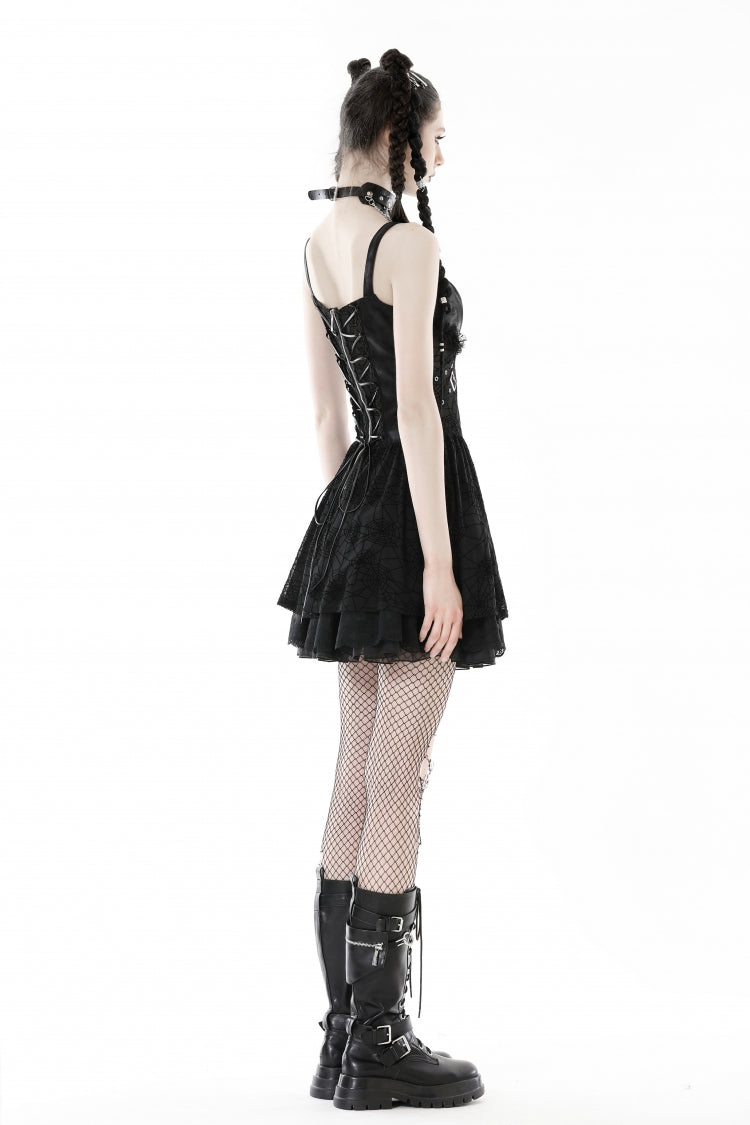 Black Cross Spider Mesh Buckled Zippered Women's Punk Slip Dress - Product - 10