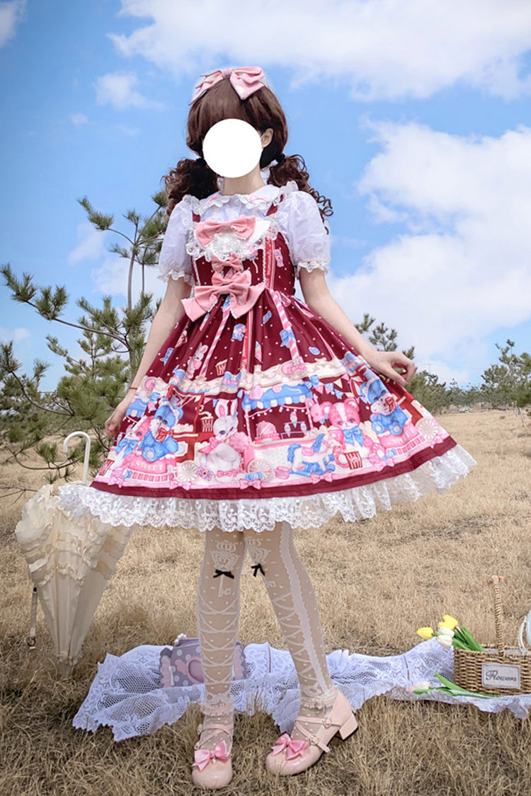 Wine Red Doll Playground Print Ruffle Bowknot Sweet Lolita Jsk Dress - Product - 7