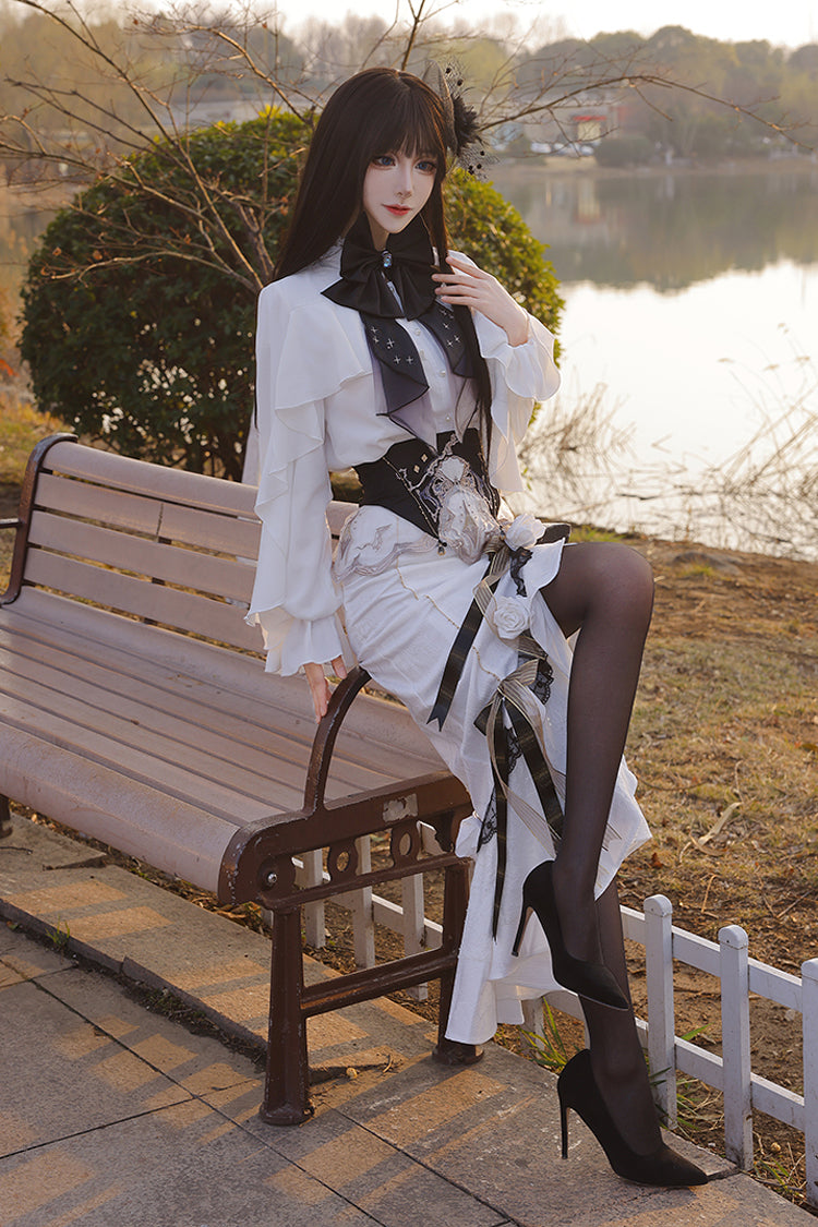White [Star Gate] Jacquard Embroidery Bowknot Irregular Sweet Elegant Princess Lolita Skirt - Product - 3