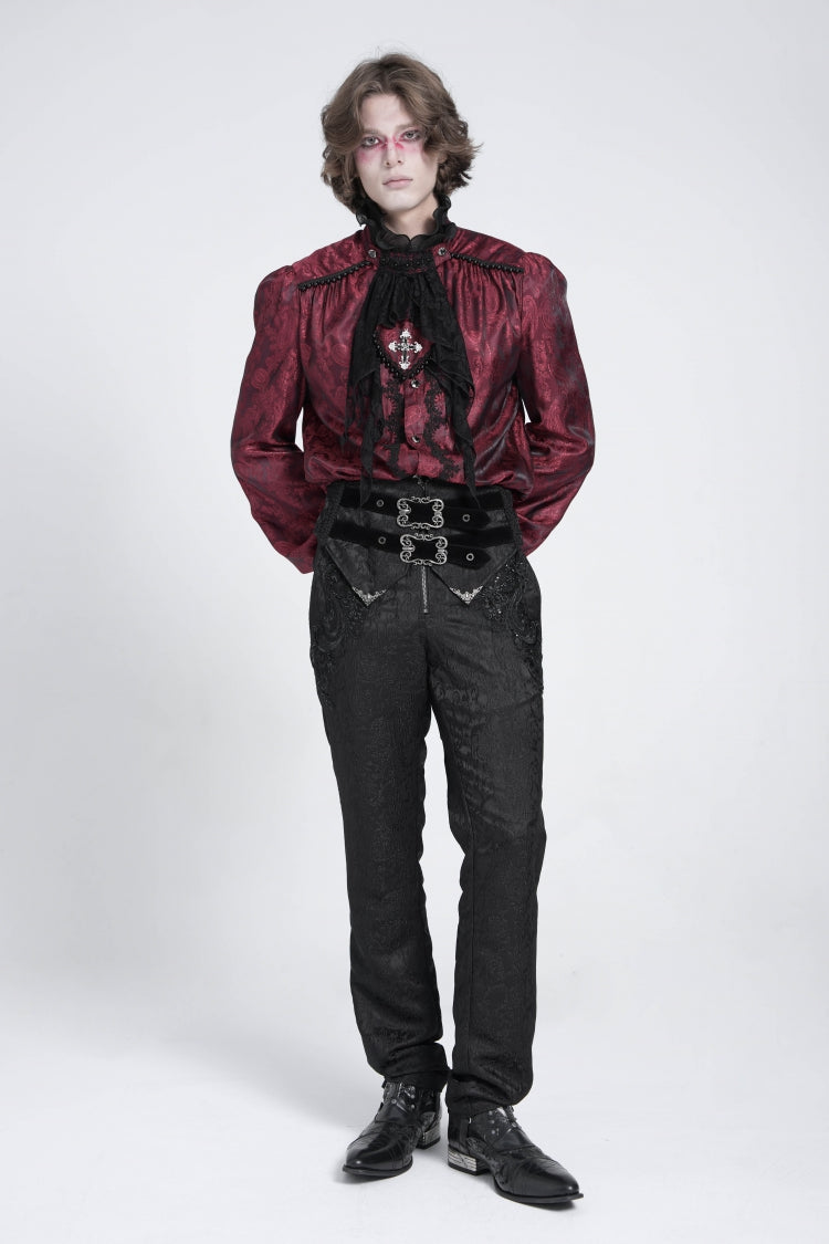 Black Double Buckles High Waisted Embroidery Men's Gothic Suit Pants - Product - 9