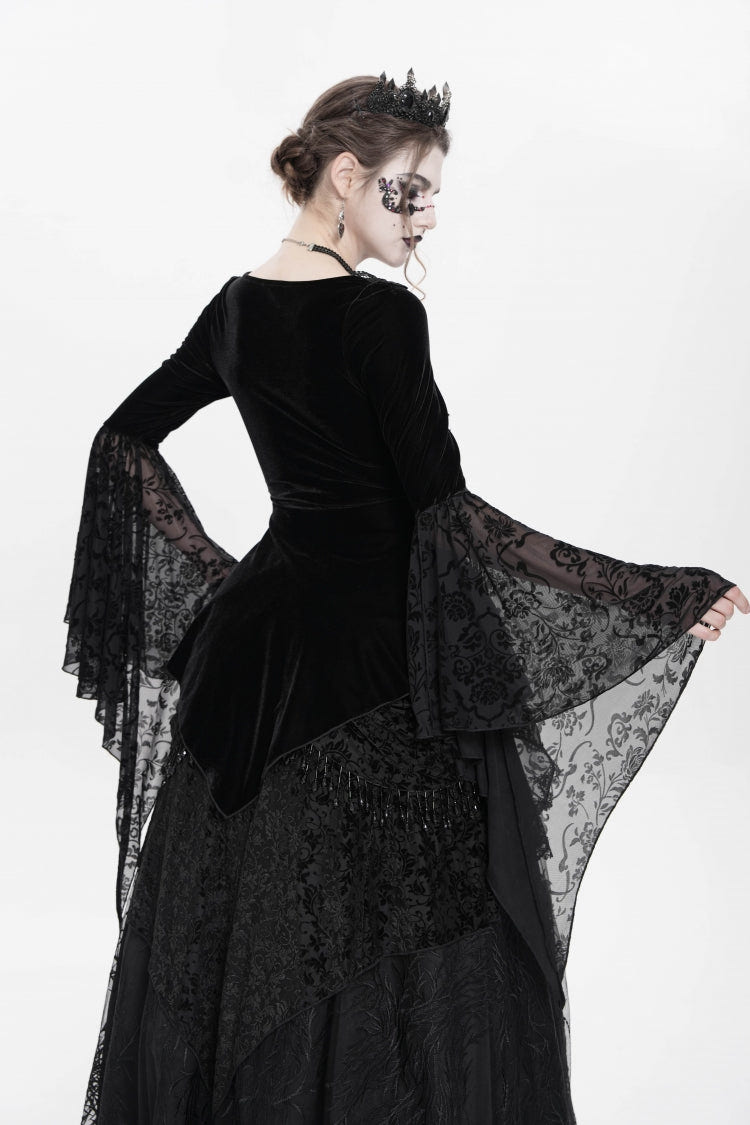 Black Long Sleeves Lace-Up Beaded Pleated Women's Gothic Blouse - Product - 3