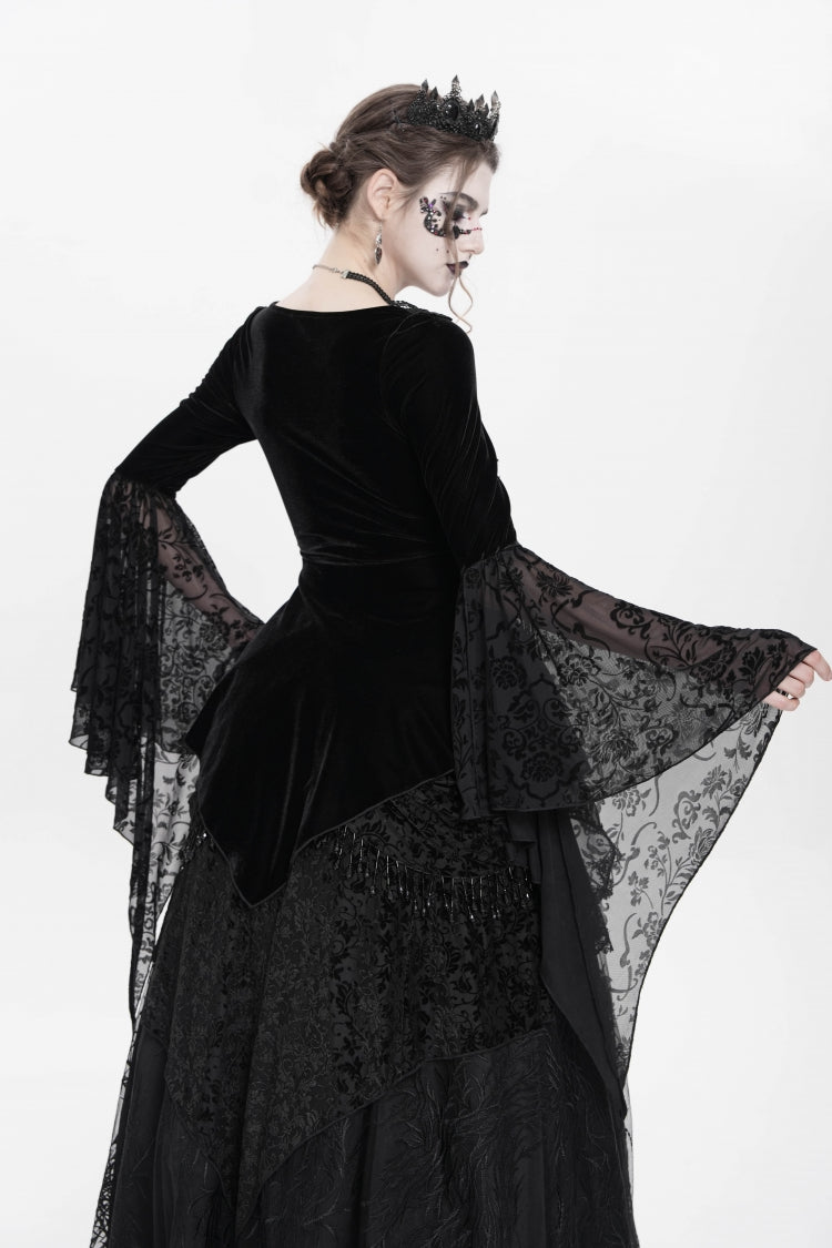 Black Long Sleeves Lace-Up Beaded Pleated Women's Gothic Blouse - Product - 3