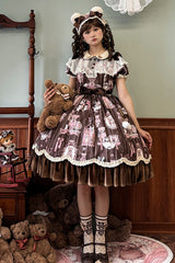 Brown Bear Doll Wall Print Short Sleeves Ruffle Embroidery Bowknot Sweet Lolita Dress - Product - 4