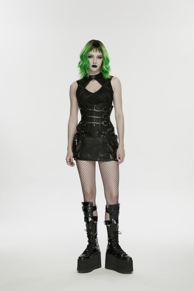Black Lace-Up Slim Fit Studded Zippered Chain-Decorated Women's Punk Luxurious Cool Underbust Corset - Product - 5