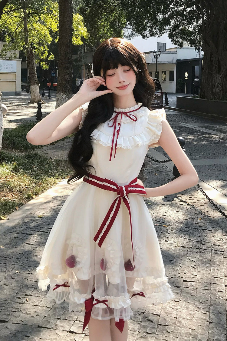 Ivory [Strawberry Mousse Cake] Stand Collar Sleeveless Mesh Ruffled Bow Lace Sweet Lolita Dress - Ivory - 1