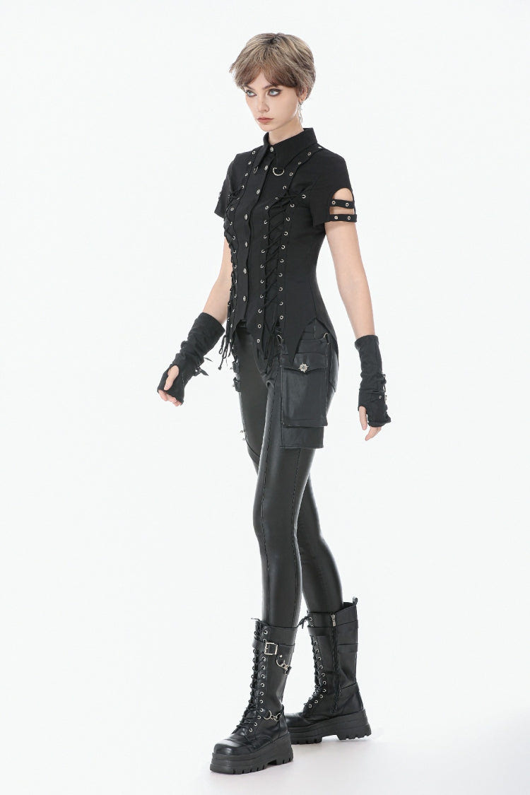 Black Turn-down Collar Short Sleeves Lace-Up Eyelets Women's Punk Blouse - Product - 8