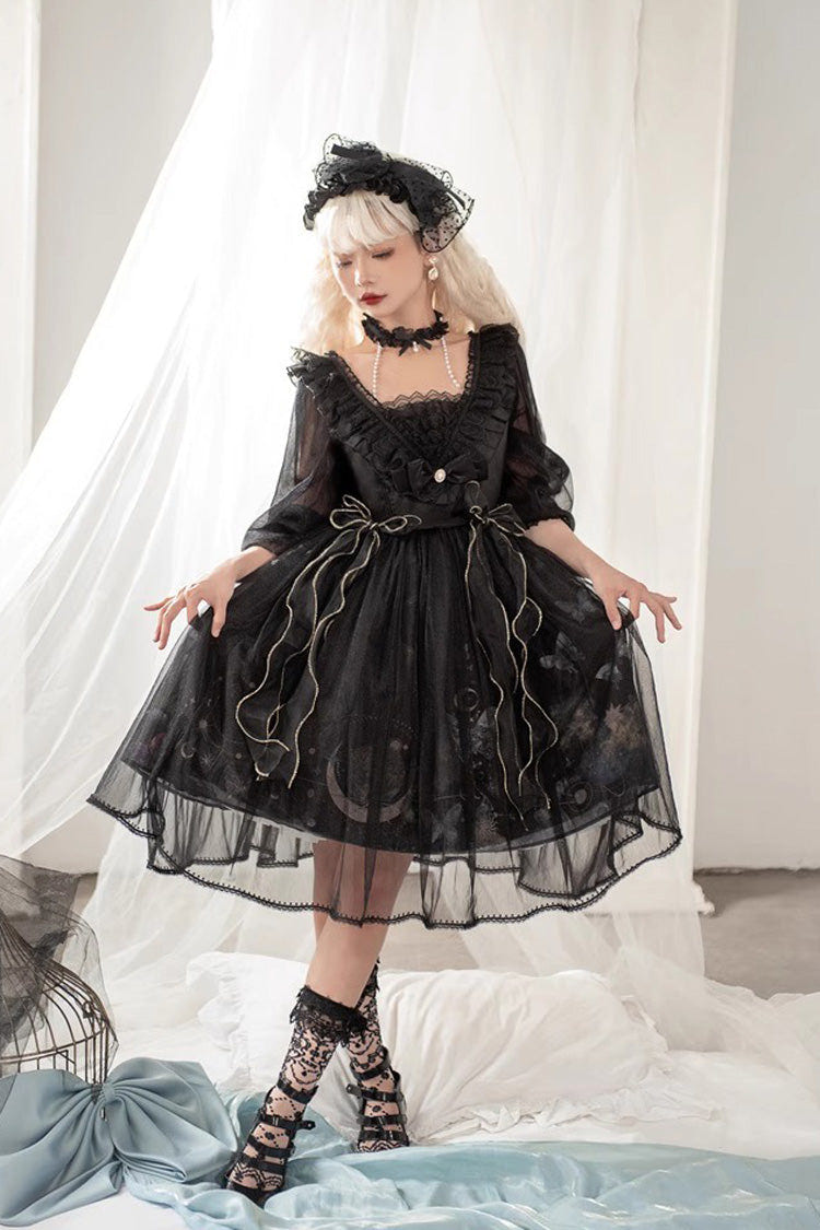 Black High Waisted Planet Butterfly Print Ruffle Lace Gothic Lolita Dress - Black - 3