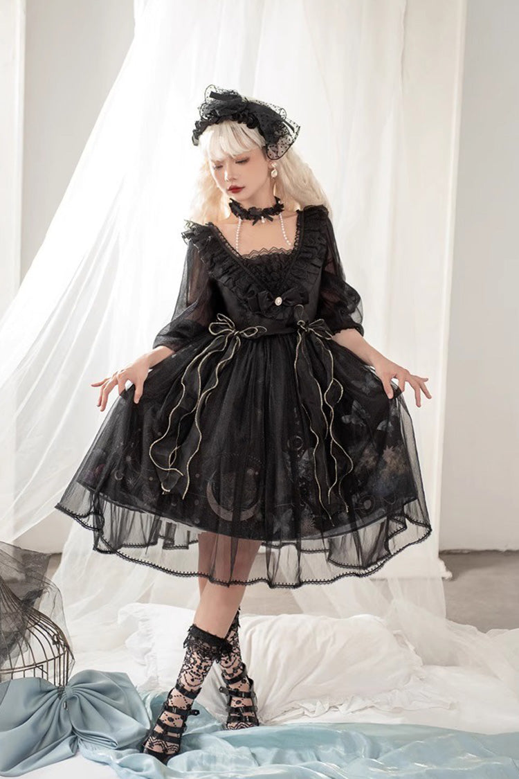 Black High Waisted Planet Butterfly Print Ruffle Lace Gothic Lolita Dress - Black - 3