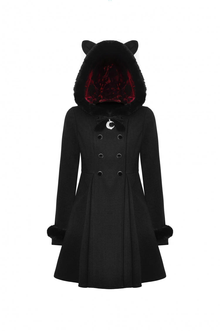 Black Long Sleeves Crescent Moon Bow Spliced Double-breasted Women's Gothic Coat with Cat Ear Hood - Product - 3