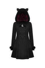 Black Long Sleeves Crescent Moon Bow Spliced Double-breasted Women's Gothic Coat with Cat Ear Hood - Product - 3