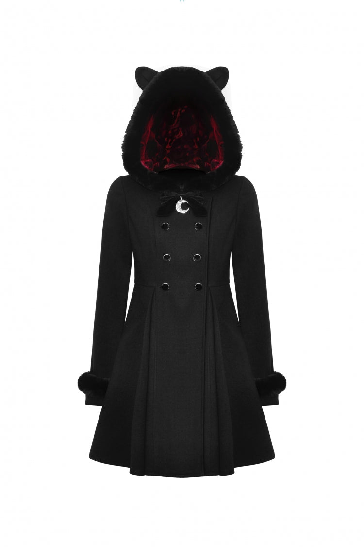 Black Long Sleeves Crescent Moon Bow Spliced Double-breasted Women's Gothic Coat with Cat Ear Hood - Product - 3