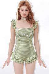 Square Collar Sleeveless Plaid Printed Ruffled Sweet Lolita One-Piece Swimsuit 6 Colors (Blue, Pink, Green, Yellow, Purple, Red) - Green - 10