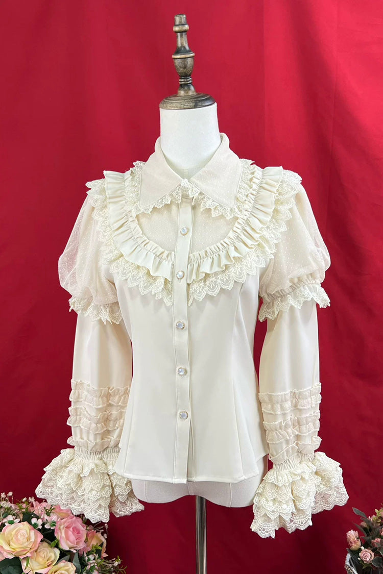 [Four Seasons Encounter] Lapel Collar Detachable Long Sleeves Ruffled Lace Slim Fit Classic Lolita Blouse 4 Colors - Apricot - 4