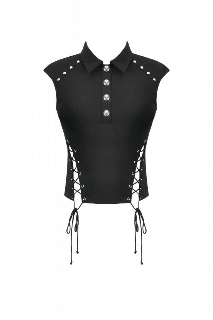 Black Women's Punk Turn-down Collar Lace-Up Studded Sleeveless Polo Top - Product - 3