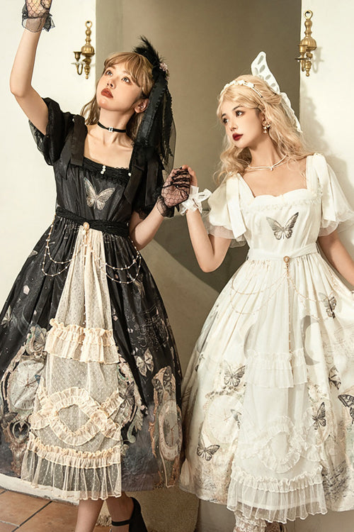 Vintage Elegant Lace Square Collar Bubble Short Sleeves Time Butterfly Print High Waisted Sweet (Dress Only) detail view 4