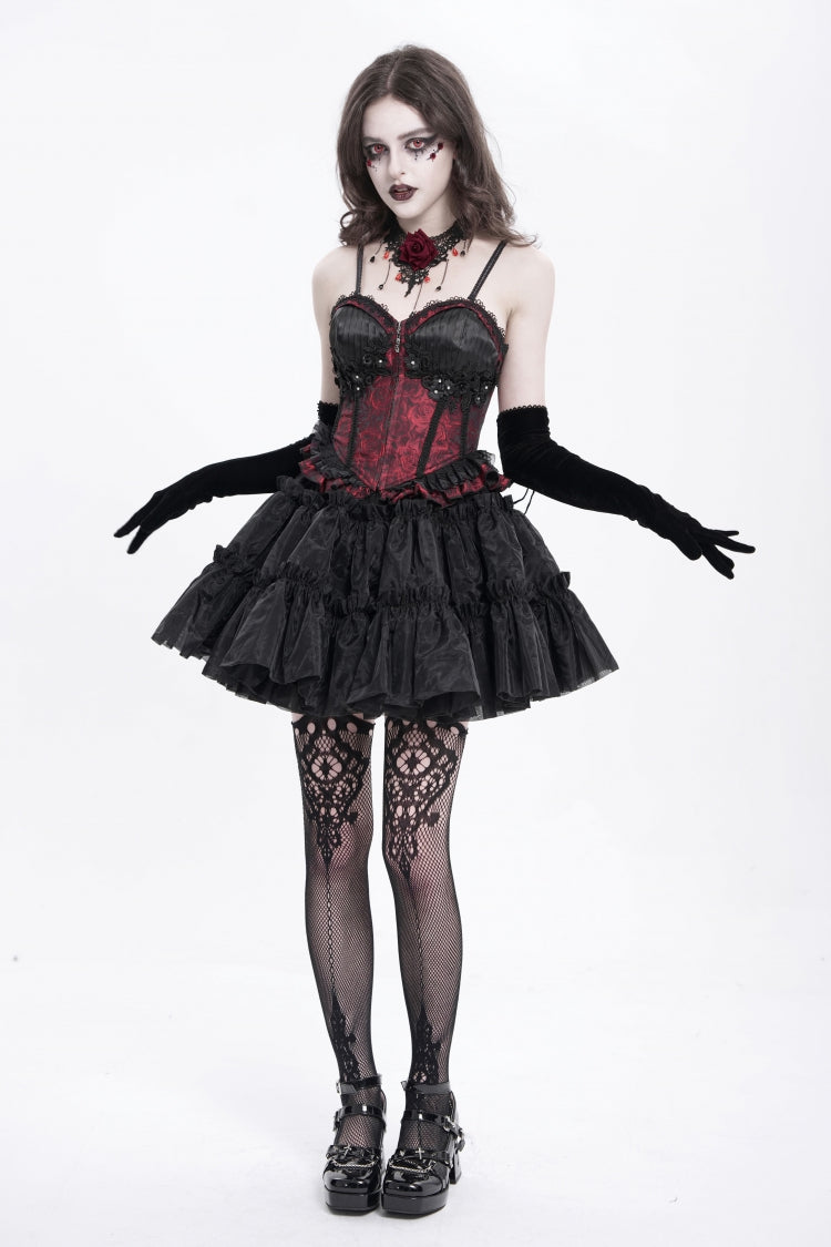 Red Sleeveless Ruffle Embroidery Lace-Up Women's Gothic Tank Top - Product - 13