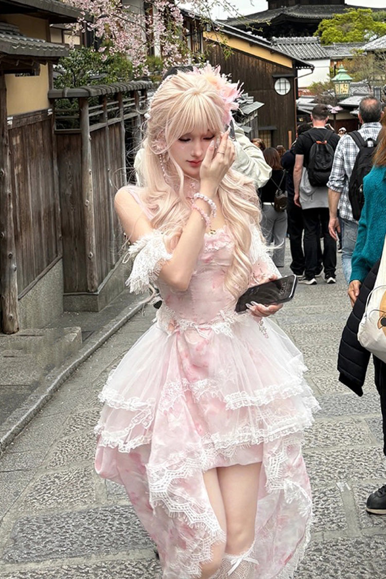 Pink [Sakura Trio] Sleeveless Double-Layered Ruffle Bowknot Lace Sweet Princess Lolita Jsk Dress - Pink - 1