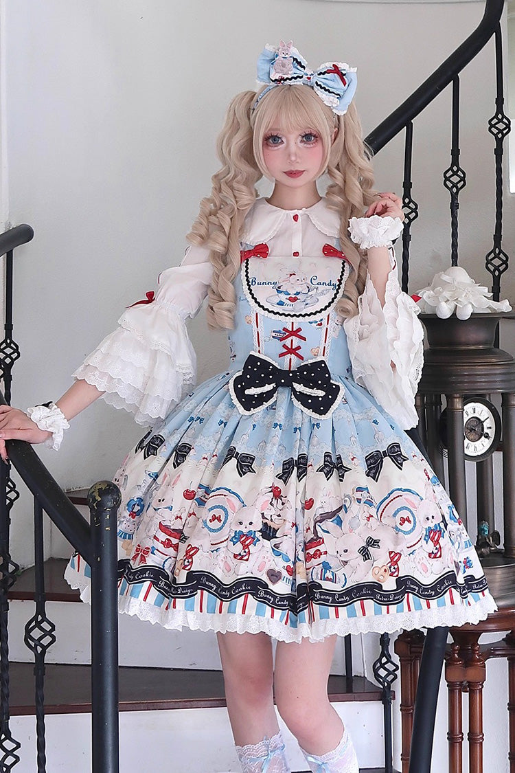 Blue [Mystery Rabbit Tea Party] Sleeveless Print Ruffle Bowknot Lace Sweet Lolita Jsk Dress - Product - 7