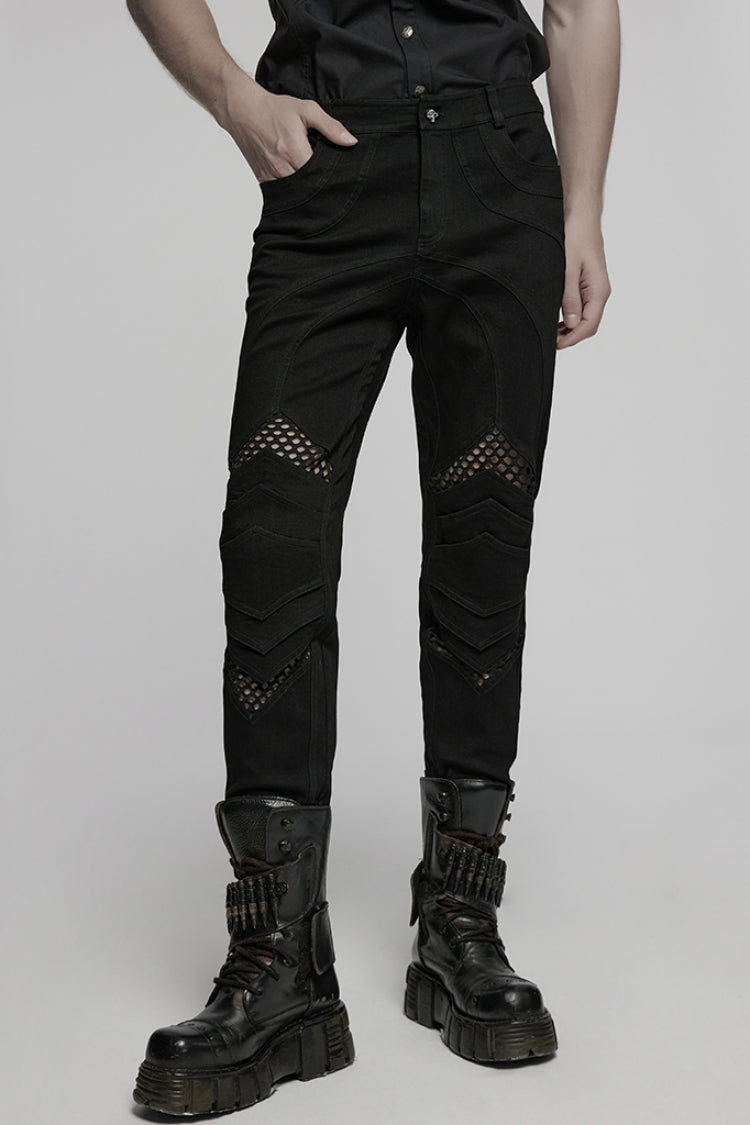 Black Pleated Stitching Mesh Men's Punk Pants - Black - 1