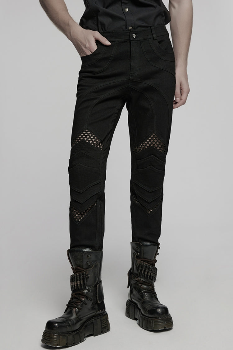 Black Pleated Stitching Mesh Men's Punk Pants - Black - 1