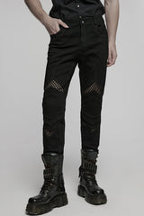 Black Pleated Stitching Mesh Men's Punk Pants - Black - 1