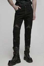 Black Pleated Stitching Mesh Men's Punk Pants - Black - 1