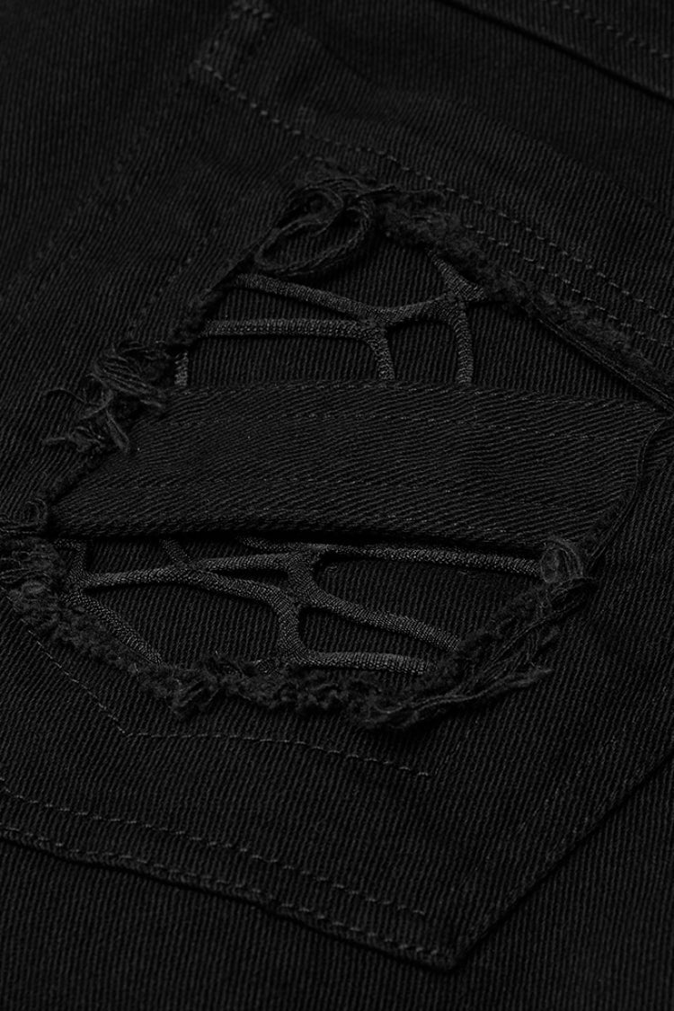 Black Metal Buckle Bandage Hollow Stitching Irregular Ripped Men's Gothic Pants - Product - 5