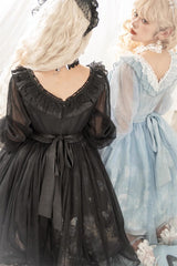 Blue High Waisted Planet Butterfly Print Ruffle Lace Sweet Lolita Dress - Product - 16