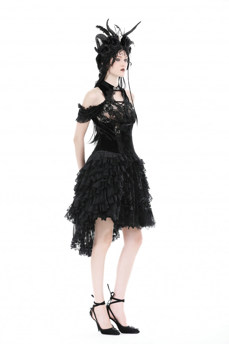 Black Women's Gothic Princess Multi-Layered Ruffled Lace High-Low Skirt - Product - 2