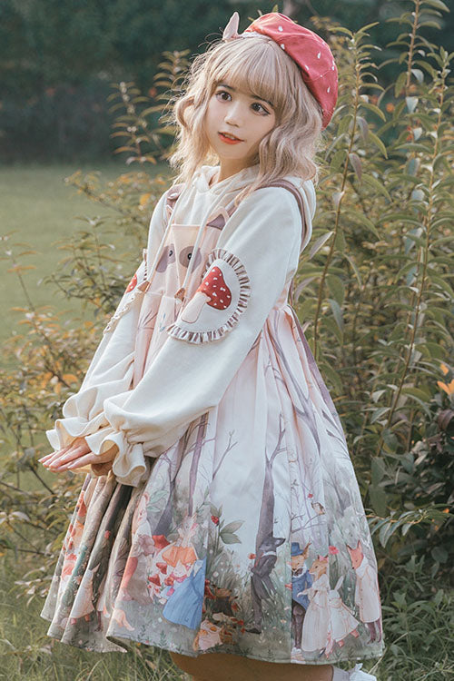 Light Pink Raccoon Print and Ears Round Collar High Waisted Autumn Winter Sweet Lolita JSK Dress - Product - 2