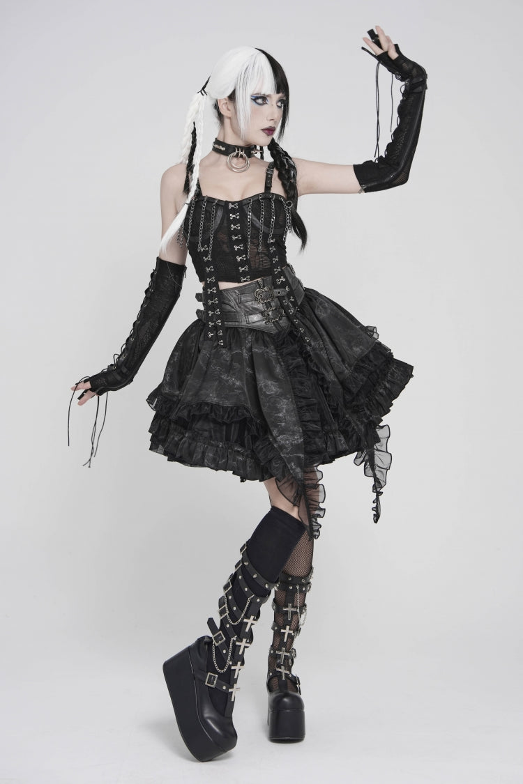 Black Off Shoulder Lace Lace-Up Slim Mesh Strappy Chain-Decorated Eyelet Women's Punk Corset - Product - 9