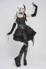 Black Off Shoulder Lace Lace-Up Slim Mesh Strappy Chain-Decorated Eyelet Women's Punk Corset - Product - 9