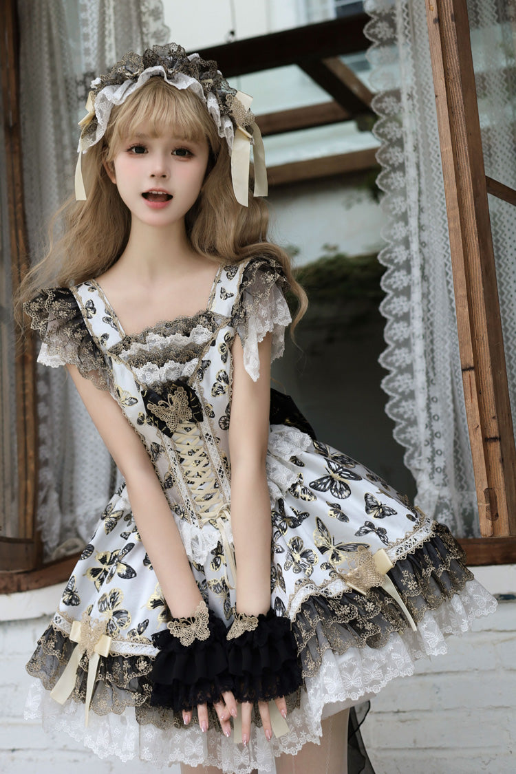 Cream [Golden Spirit • Dream Butterfly] Sleeveless Print Ruffle Bowknot Lace-Up Sweet Princess Lolita Jsk Dress Set - Product - 3