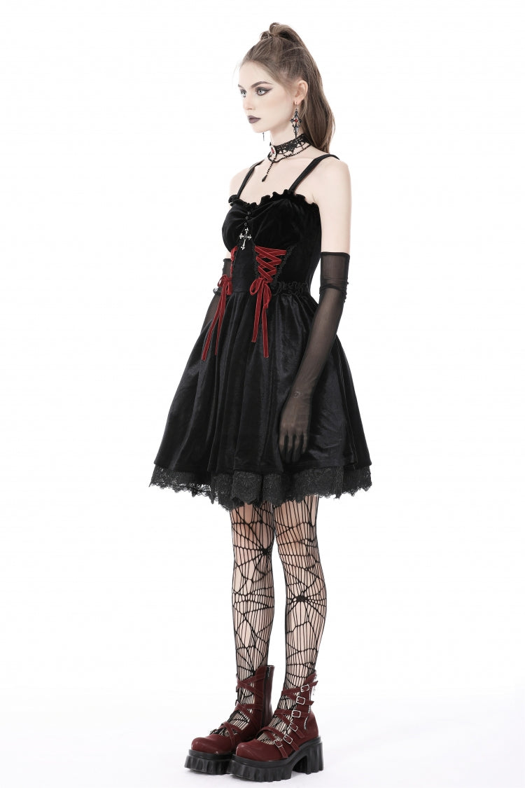 Black/Red Cross Lace-Up Strappy Women's Gothic Velvet Slip Dress - Product - 2
