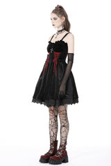 Black/Red Cross Lace-Up Strappy Women's Gothic Velvet Slip Dress - Product - 2
