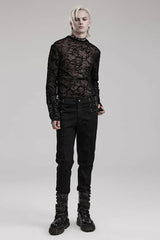 Black Long Sleeves Print Sheer Mesh Mens Gothic T-Shirt - Product - 4