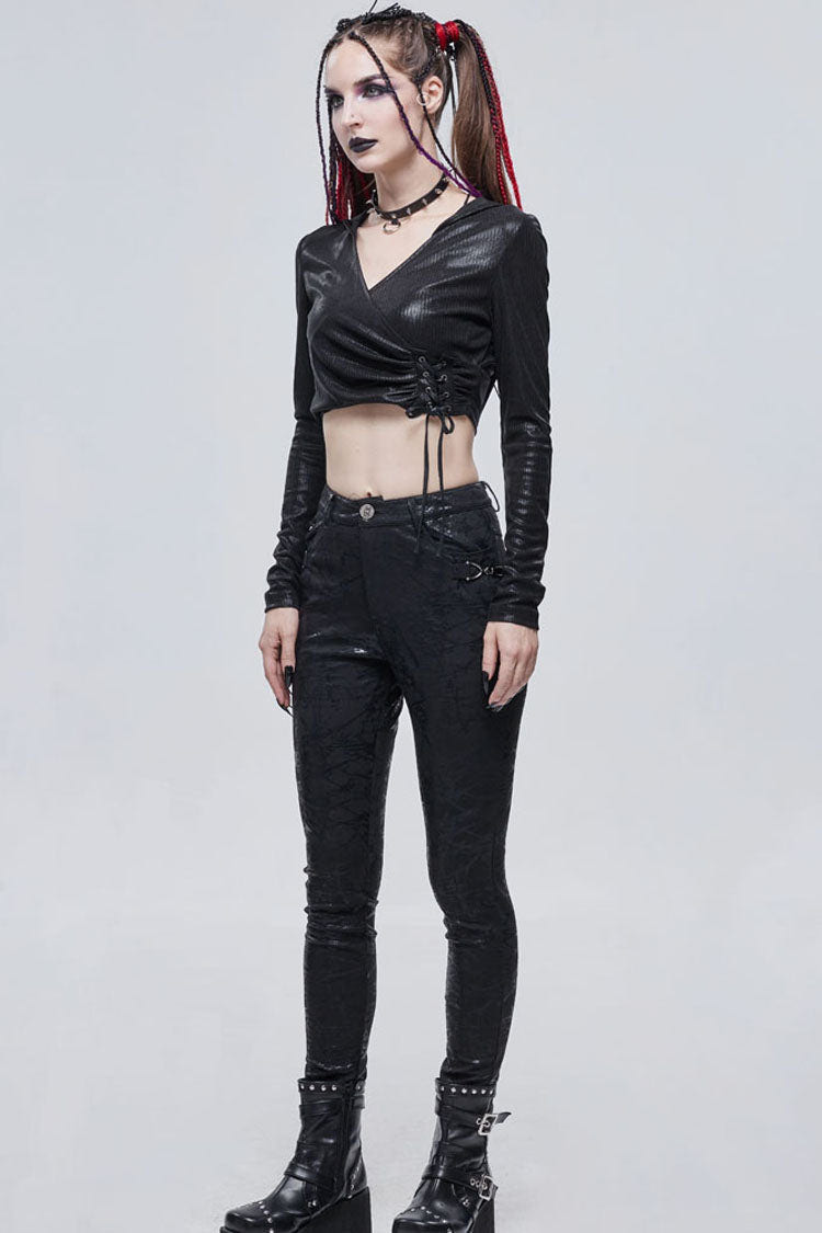 Black Punk Knitted Over Glue Metal Buckle Decoration Elasticity Leather Women's Leggings - Product - 9