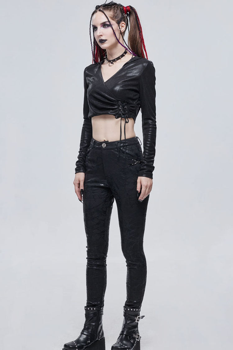 Black Punk Knitted Over Glue Metal Buckle Decoration Elasticity Leather Women's Leggings - Product - 9