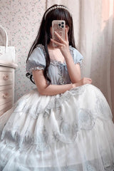 Light Blue Flower Promise Short Sleeves Multi-layer Print Sweet Elegant Princess Lolita Dress - Product - 2