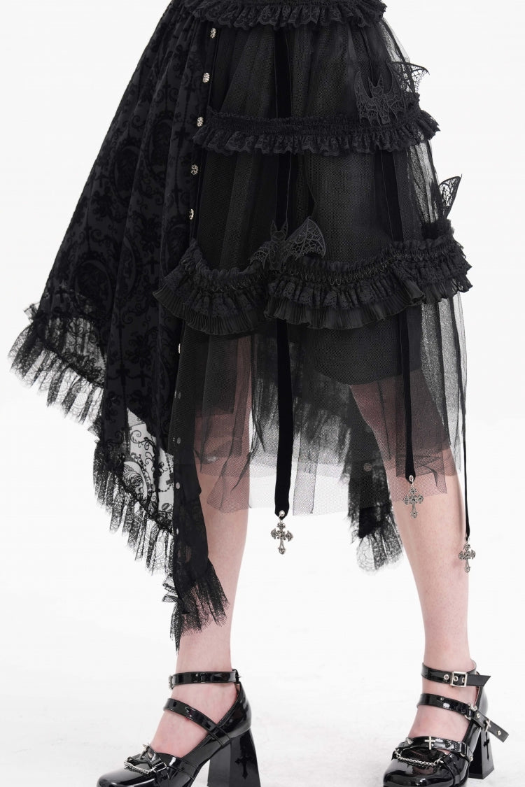 Black Jacquard Cut-Out Lace Asymmetric Pleated Women's Gothic Luxurious Skirt - Product - 12