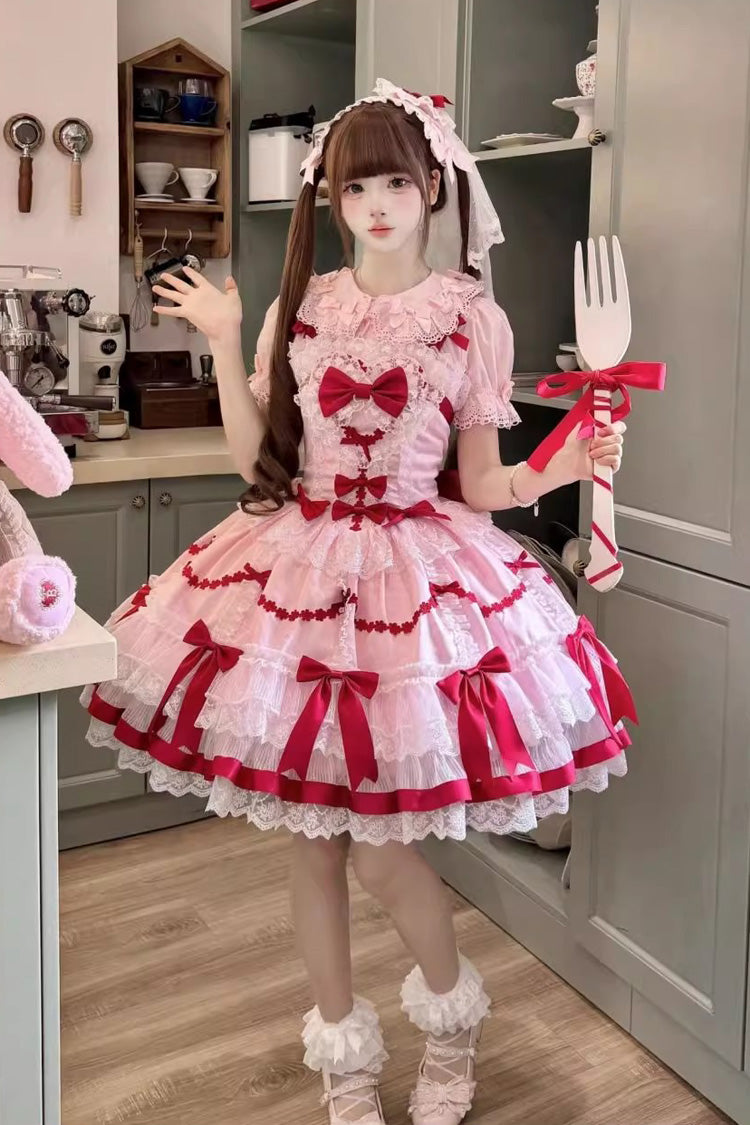 Red/Pink [Scarlet Heart Cocoa] Sleeveless Triple-Layered Ruffle Embroidery Bowknot Lace Sweet Lolita Jsk Dress - Red/Pink - 1