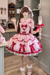 Red/Pink [Scarlet Heart Cocoa] Sleeveless Triple-Layered Ruffle Embroidery Bowknot Lace Sweet Lolita Jsk Dress - Red/Pink - 1