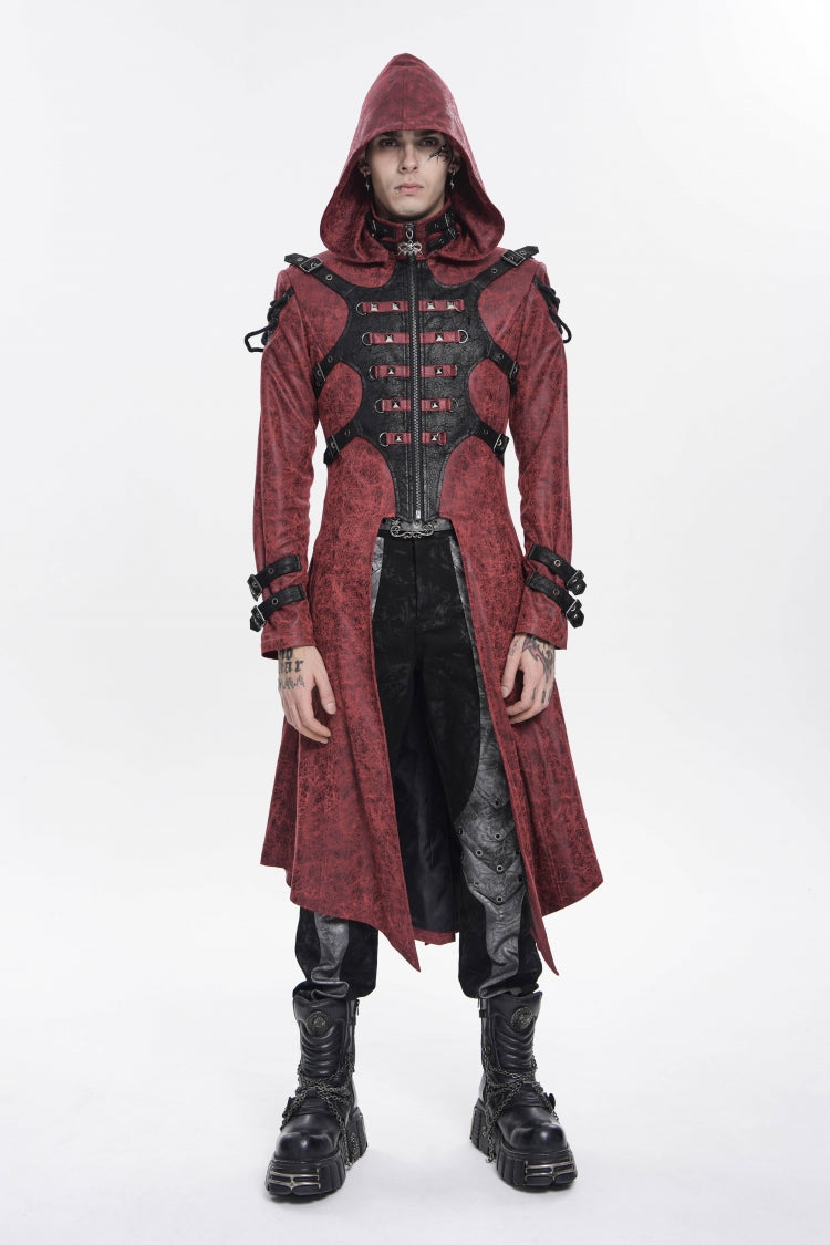 Red Stand Collar Long Sleeves Printed Spliced Studded Buckled Zippered Eyelet Men's Punk Cool Hooded Jacket - Red - 1